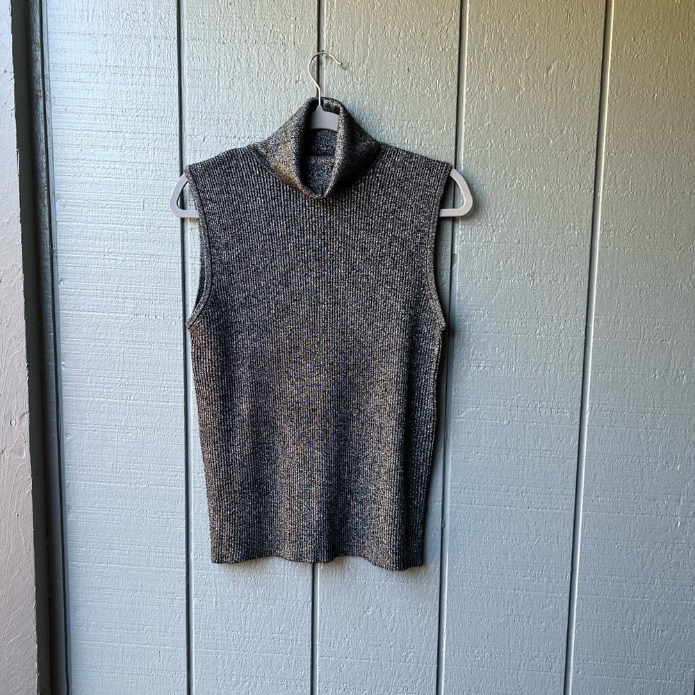 KIKIT Black & Silver Metallic Sleeveless Ribbed Turtleneck Evening Holiday Party